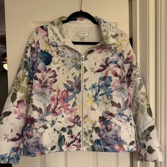 Christopher Banks Jacket Long Sleeve Floral Watercolor Front Zip Women's size PM - Picture 1 of 6